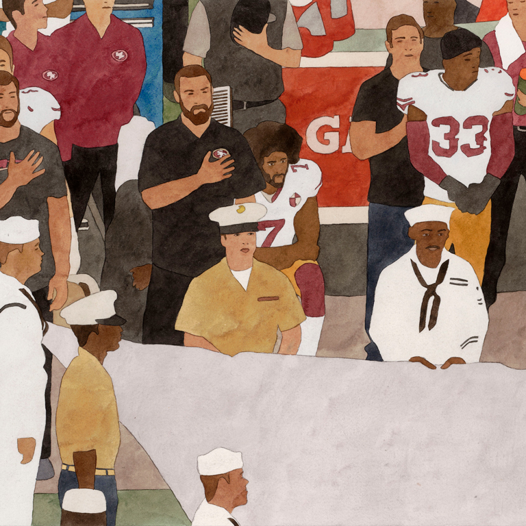 Watercolor of Colin Kapernick kneeling during a national anthem in the NFL